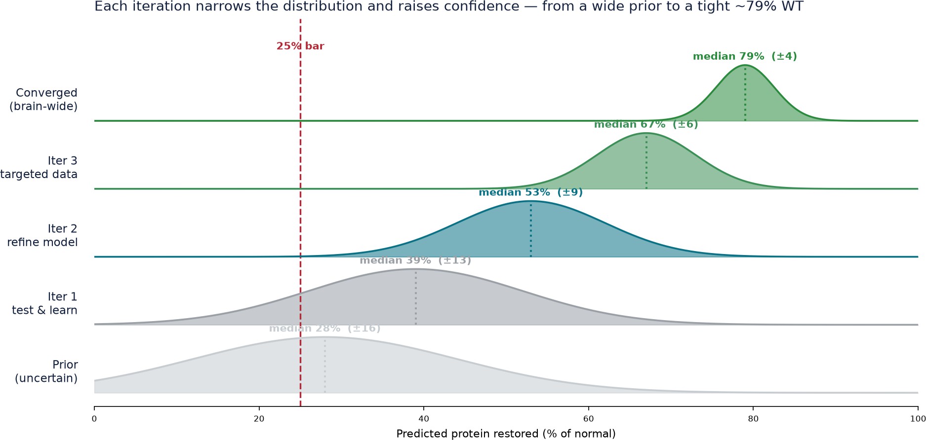 The payoff of iteration: each round tightens the predicted-protein distribution and lifts the median.